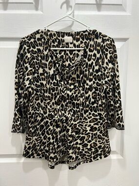 Chico's Leopard-Print Tie-Neck Blouse in Cream, Black and Brown